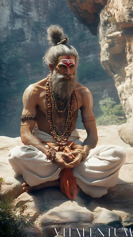 Mountain sage in deep meditation amid rocky cliffs.