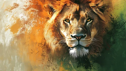 Lion portrait over abstract orange and green brush fields.