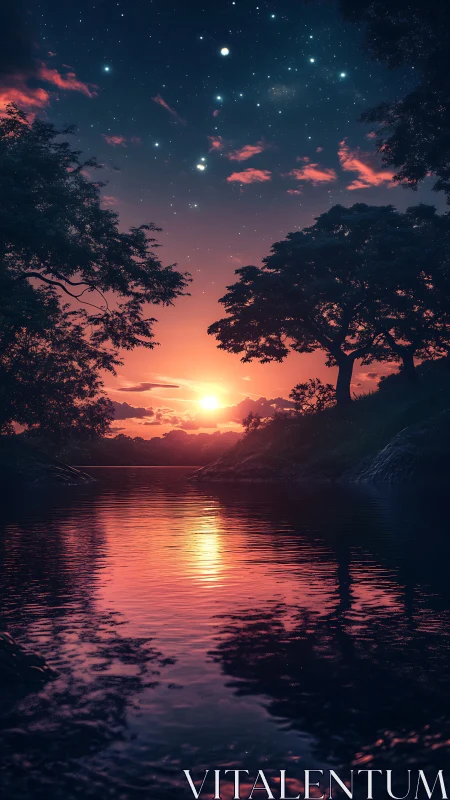 River sunset reflects vivid twilight sky and stars.