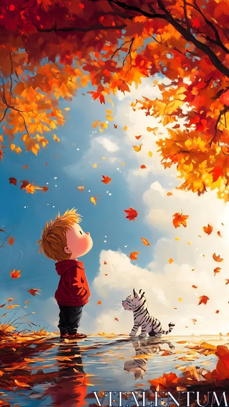 Child and toy tiger watch swirling golden autumn leaves.