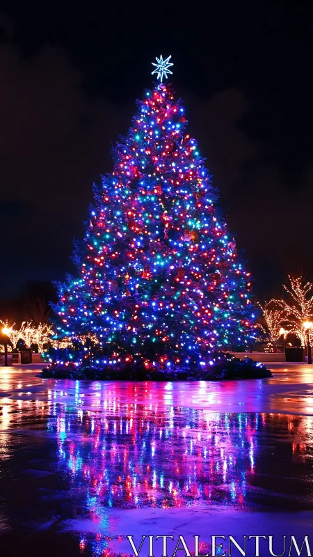 Glowing Christmas tree casting magical colors at night.