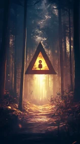 Glowing triangular portal with figure in dark forest path.