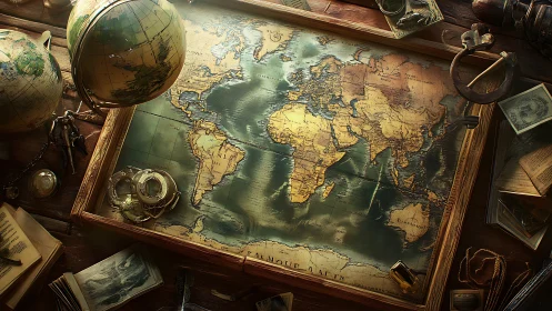 Inviting vintage world map surrounded by travel treasures.