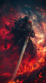 Infernal armored greatsword warrior in erupting volcanic fire