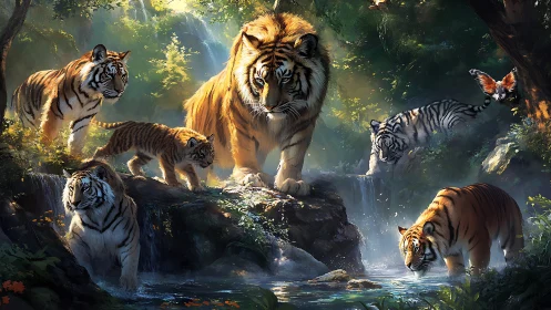 Tiger Family in Luminous Forest Stream Environment