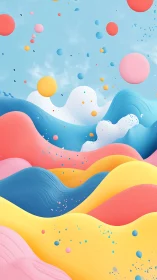 Pastel sculpted waves with floating spheres in blue sky.