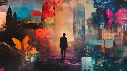 Dreamy city wanderer steps between butterflies and lights