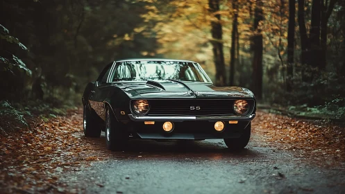 Midnight muscle car prowling a golden autumn forest road.