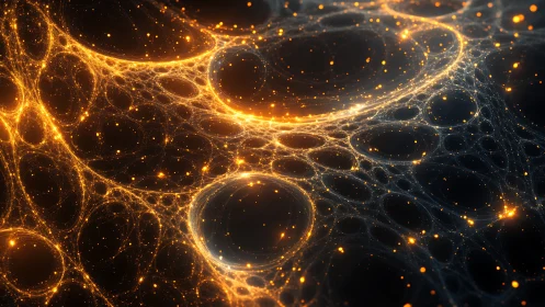 Fractal cosmic web glowing with golden particle light.