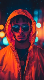 Neon-lit hooded figure stands amid vibrant city bokeh glow.