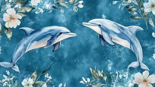 Watercolor dolphins with white flowers on teal sea background.