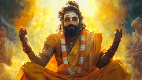 Radiant yogic sage in saffron robes amid luminous aura field.