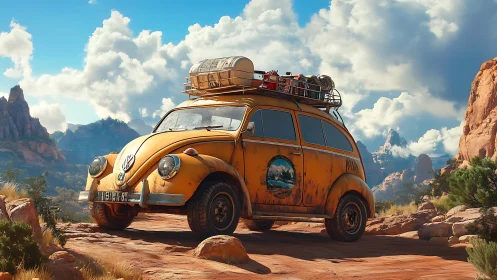 Weathered VW expedition microbus in desert canyon light.