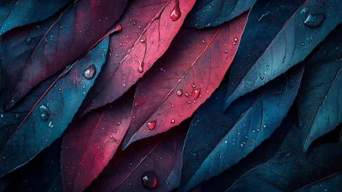 Water droplets rest on red and blue leaves in tight pattern