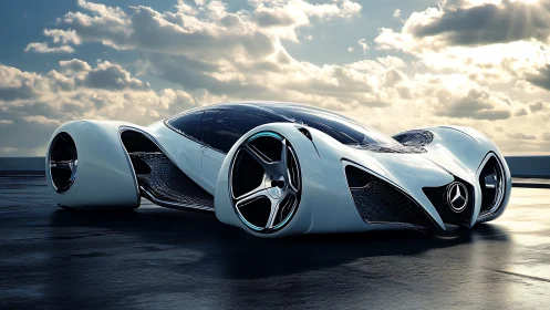 Futuristic Mercedes concept car glides under dramatic skies