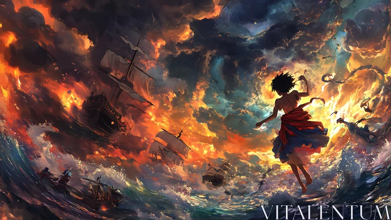 Storm dancer at sea swirling through firelit twilight skies.