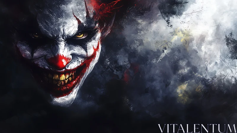 Sinister clown portrait with dark abstract smoke background.