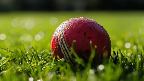 Dew‑covered red cricket ball on wet grass with shallow depth