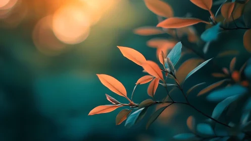 Backlit orange foliage renders soft bokeh against teal field
