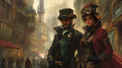 Steampunk dressed man and woman in dense urban street scene.