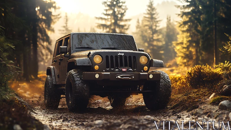 Mud-splattered trail hero muscles through a glowing forest run