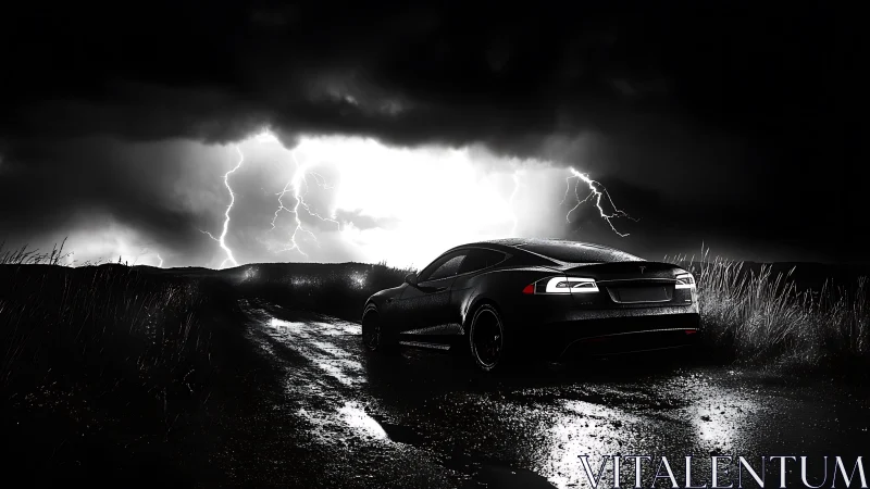 Electric performance coupe framed by storm-lit horizon.