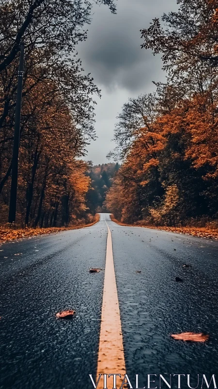 Moody autumn highway stretching into bronze-tinted hush.
