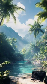 Tropical River Valley with Palm Trees and Mountains