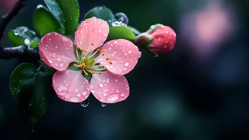 Pink Blossoms With Raindrops on Dark Background.