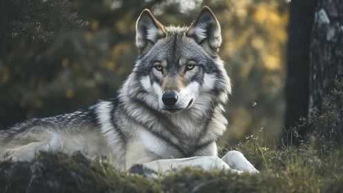 Calm gray wolf resting in soft forest evening light.