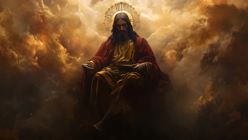 Serene robed figure sits enthroned amid radiant storm clouds