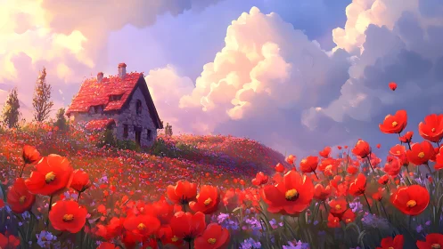 Poppy-bright cottage dreaming beneath towering painted clouds.