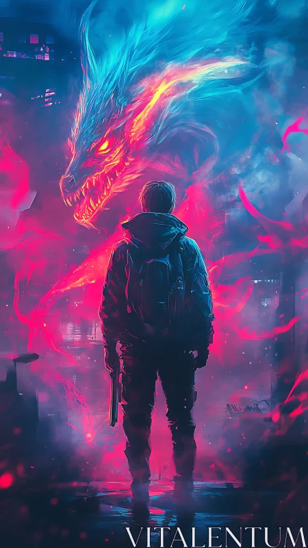 Neon warrior confronts spectral dragon in cybercity fog.