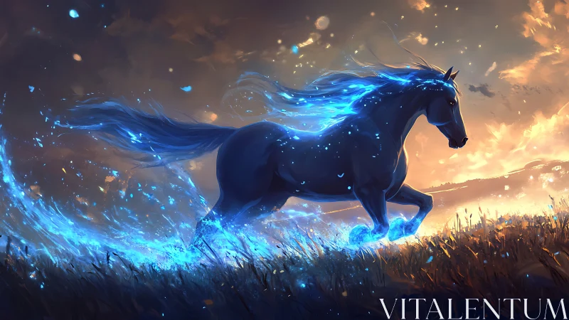Starlit spirit horse gallops through glowing evening fields