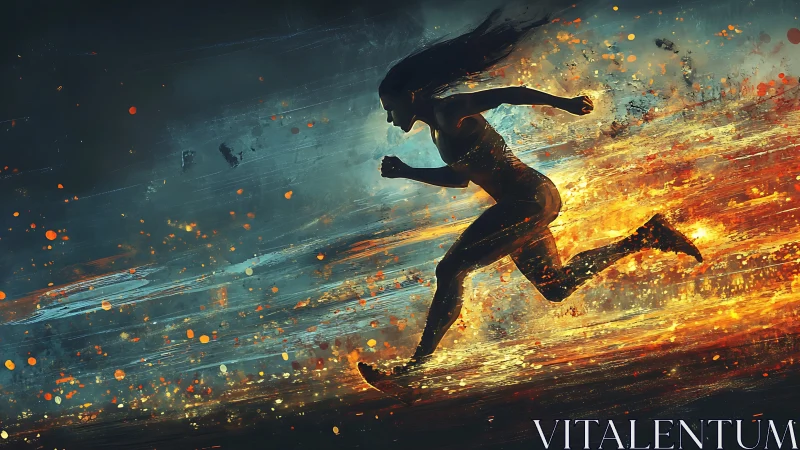 Flame-footed runner streaks through kinetic twilight blaze.