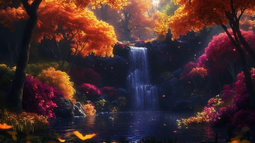 High-saturation autumn forest waterfall with volumetric backlighting