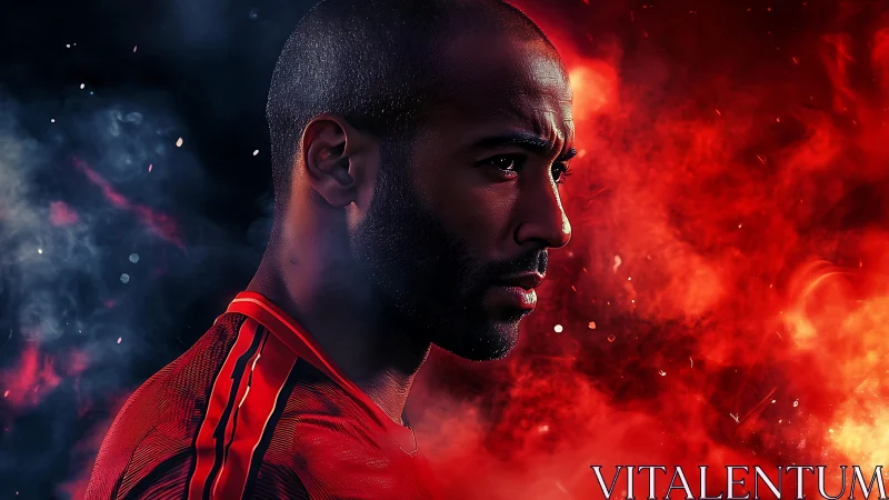 Focused athlete stands strong amid vivid red smoke