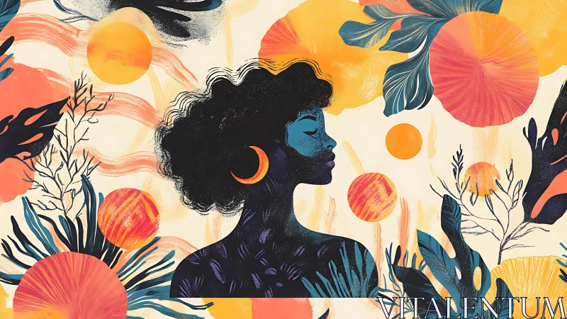 Profile of woman in stylized botanical and celestial scene