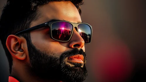Close-up portrait shows man in sunglasses facing strong light