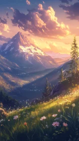 Sunlit wildflowers gossip beneath a glowing alpine giant