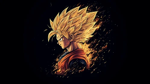 Fiery anime warrior profile radiates explosive golden power