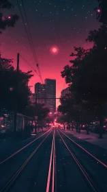 Neon magenta tramway corridor under star-filled urban dusk