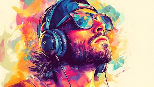 Vibrant digital portrait of man in headphones and sunglasses