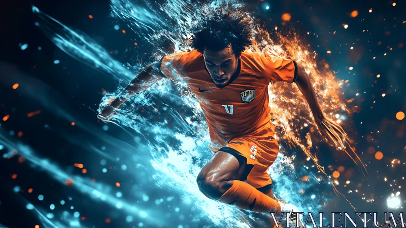 Dynamic soccer player sprints through fiery ice energy trail.