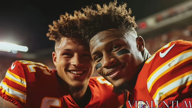 Smiling football teammates in red jerseys under stadium lights.