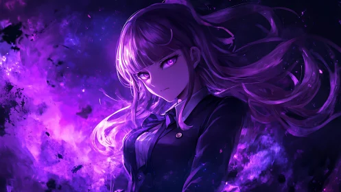 Purple haired anime girl in dark glowing vortex scene.