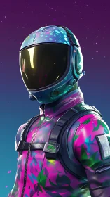 Neon cosmos ranger in kaleidoscopic suit beneath starlight.