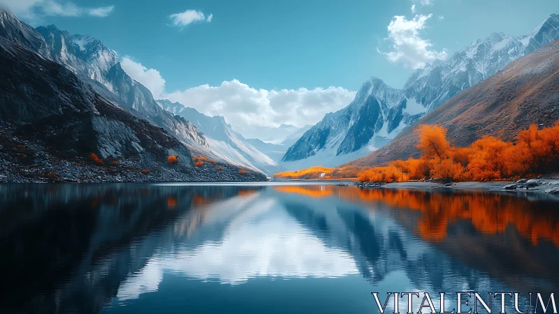 Mountain lake reflects snow ridges and orange tree band