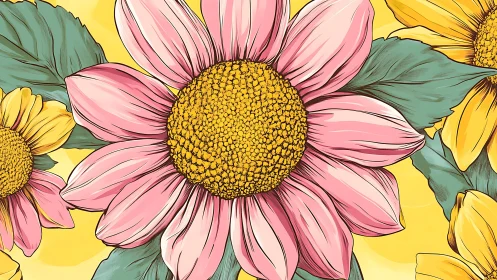 Pink and Yellow Floral Composition with Textured Petals and Foliage.