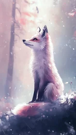 White fox sitting in soft pastel forest light scene.